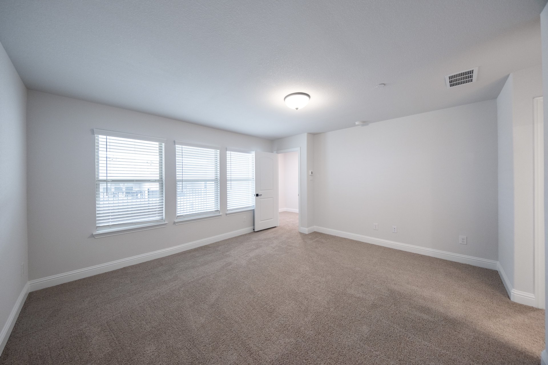 bedroom with carpet and windows with blinds