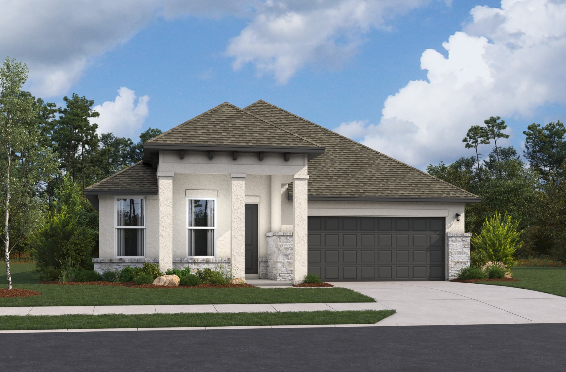 home with brick, windows, garage and landscaped grass 