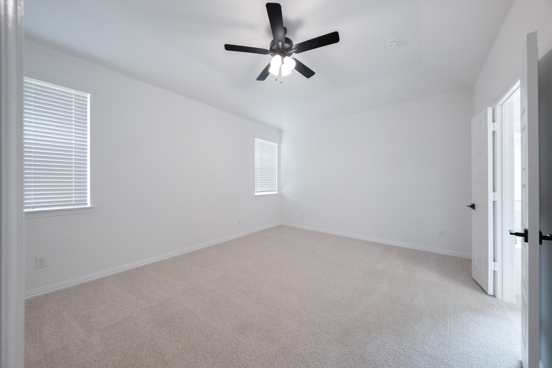 primary bedroom with carpet and windows