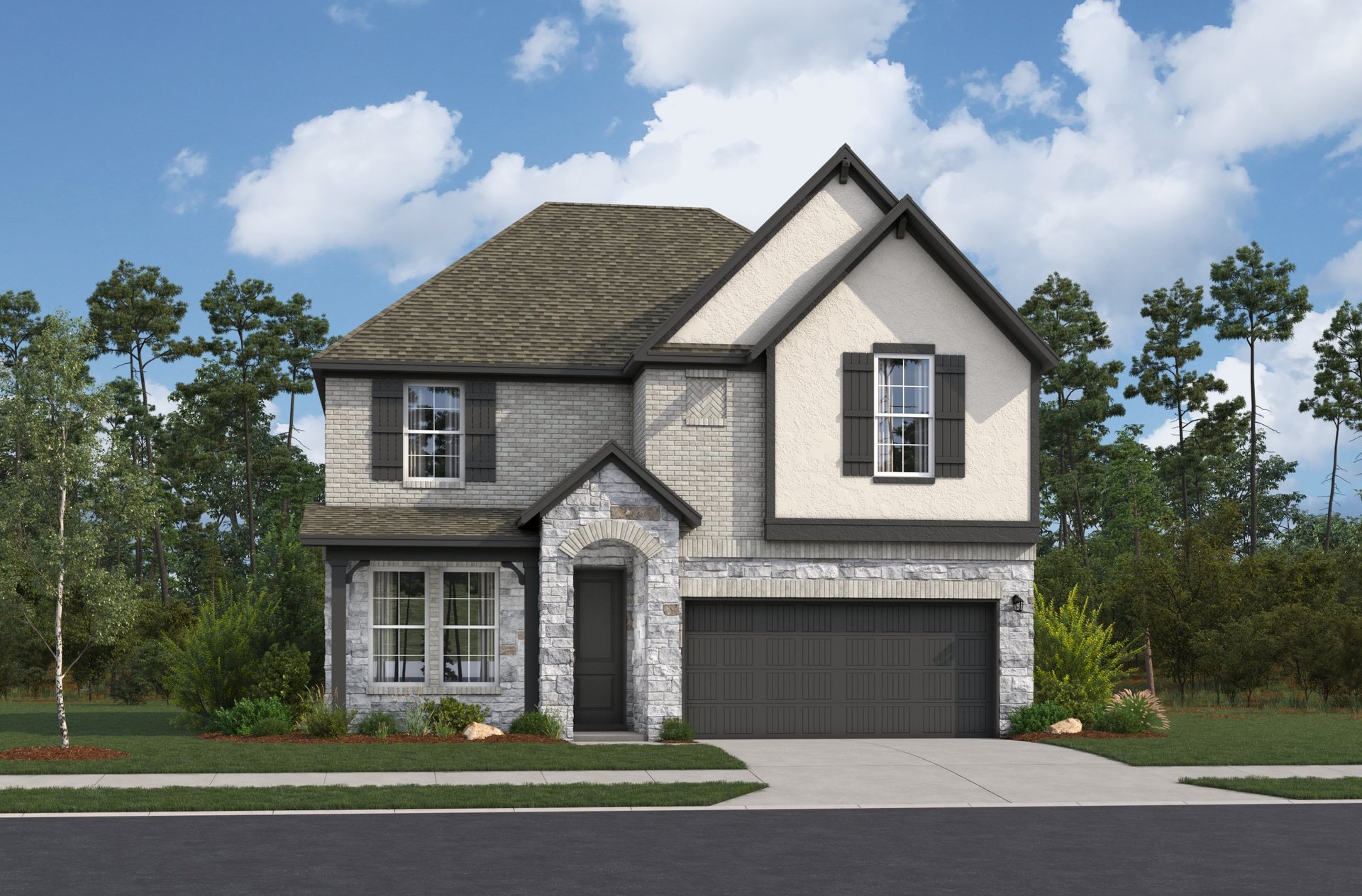 brick exterior with two car garage & windows