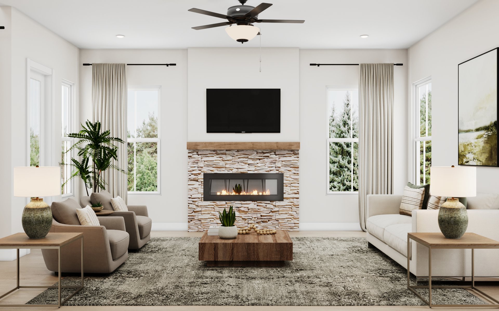 rendering of great room with fireplace and furniture