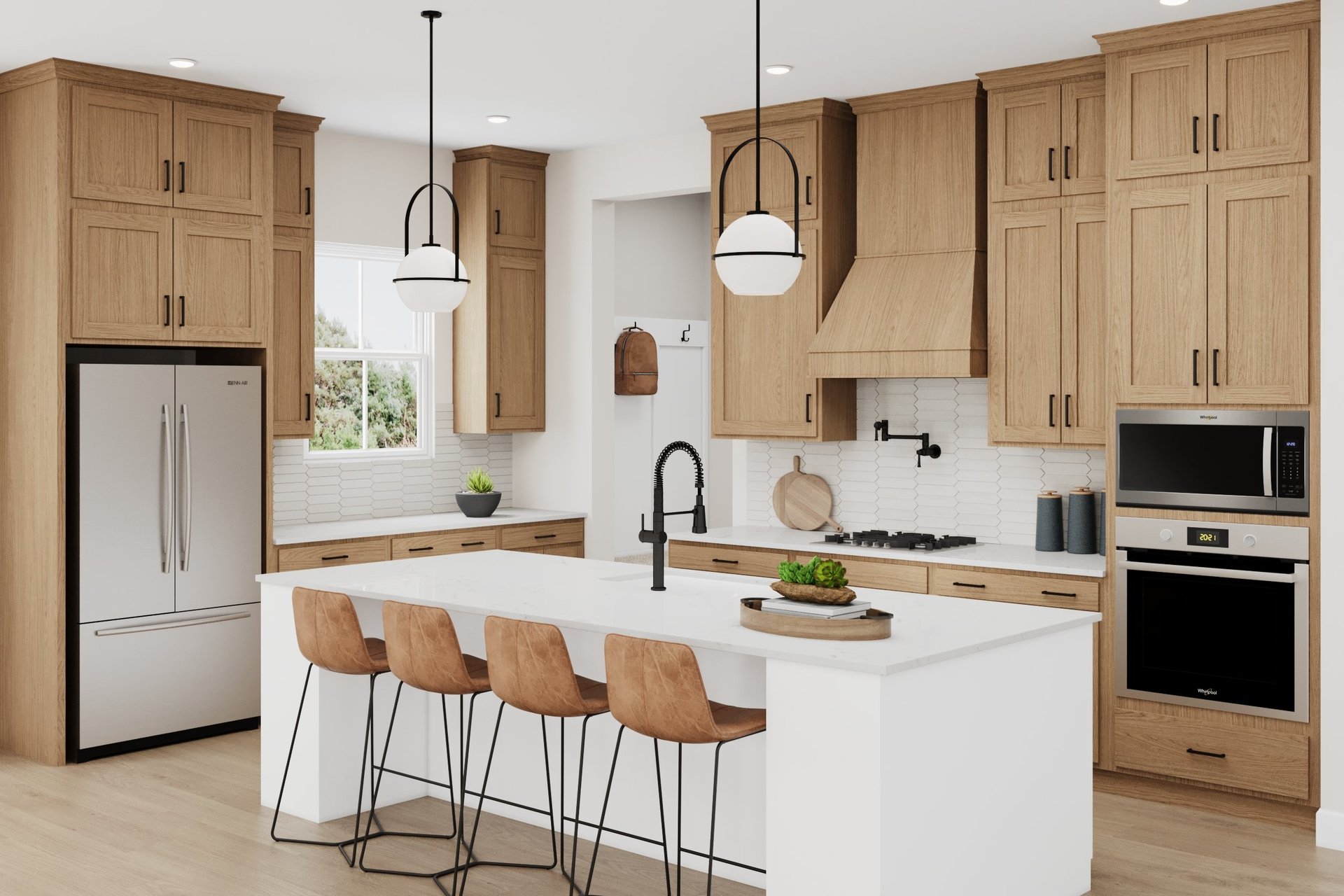 rendering of kitchen with wood-finish cabinets and white quartz counters