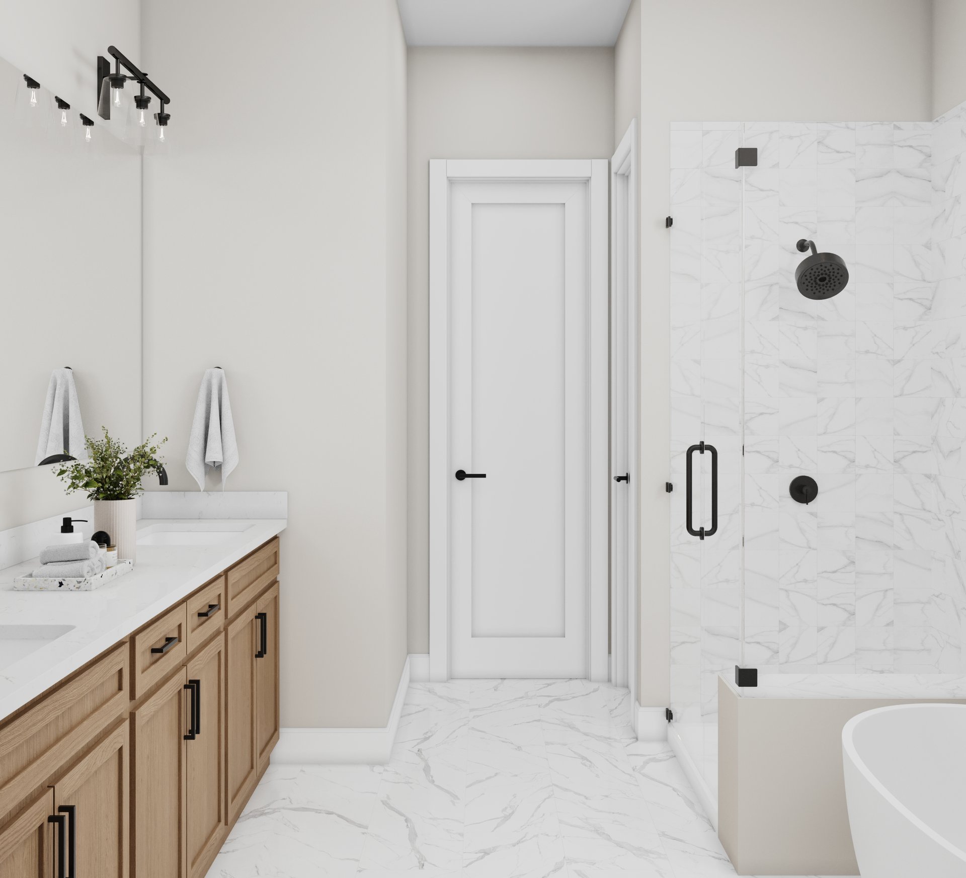 rendering of primary bathroom with separate shower and tub