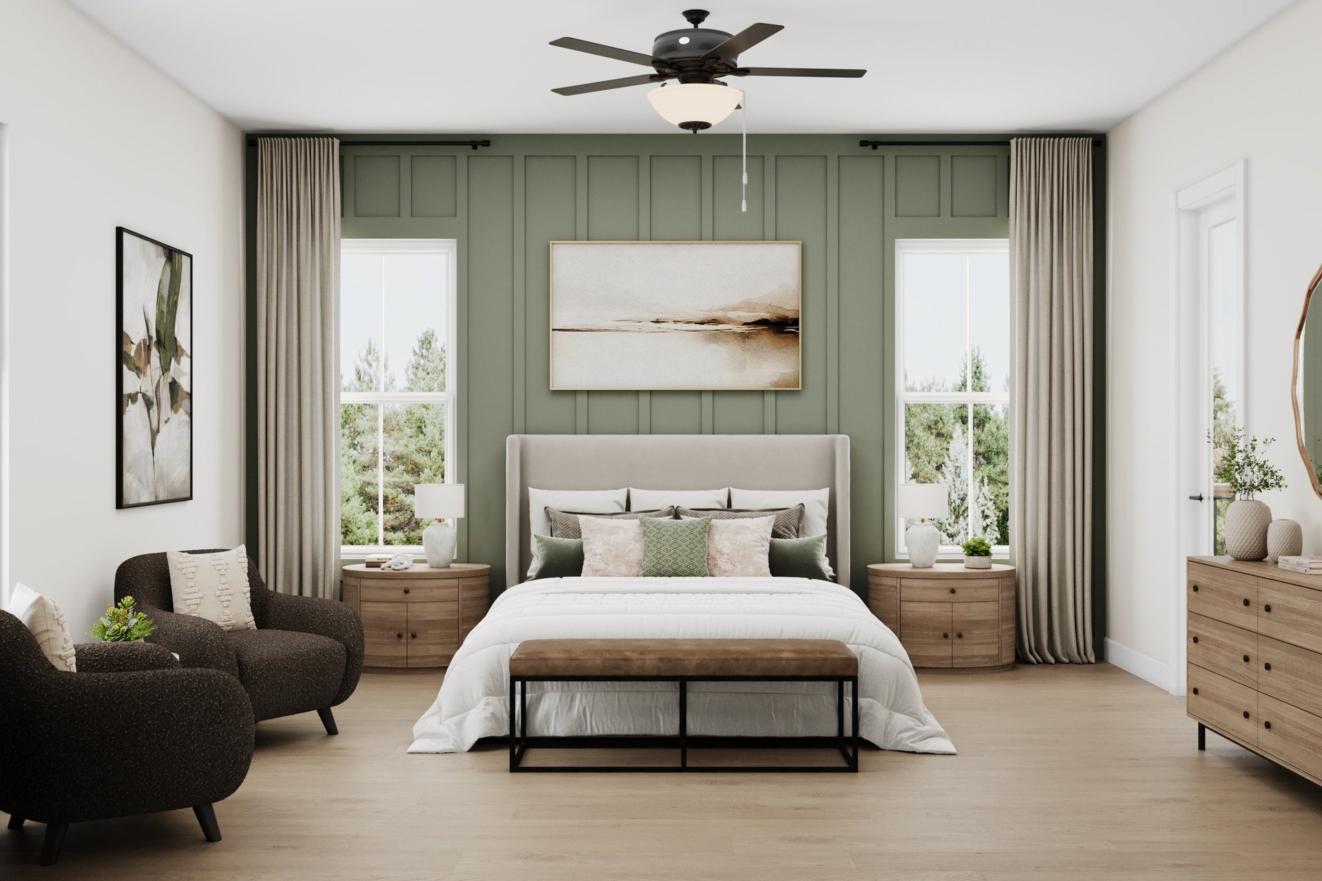 rendering of primary bedroom with king bed and windows