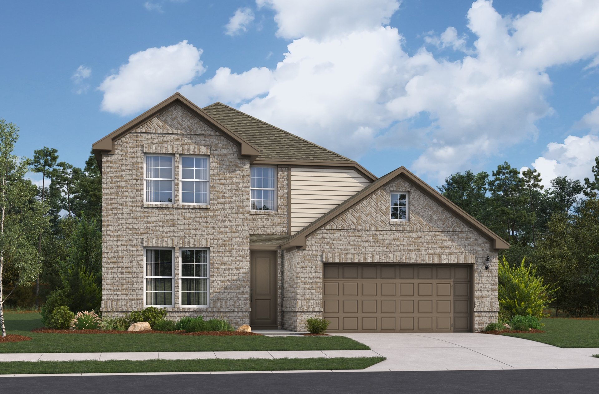 home with brick, windows, garage and landscaped grass