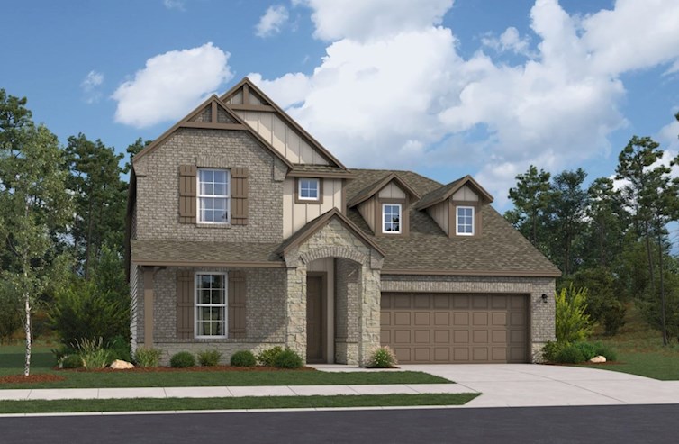 brick exterior with porch, grass & a tree