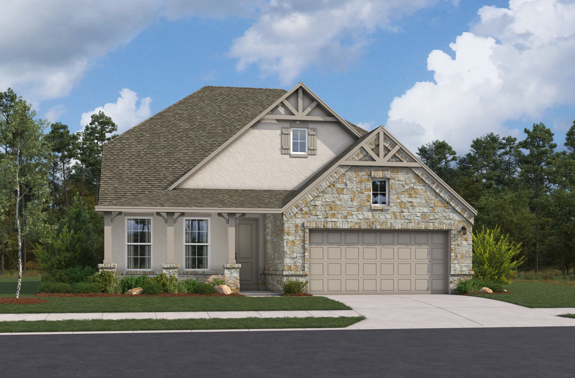 exterior with grass, trees & a 2-car garage