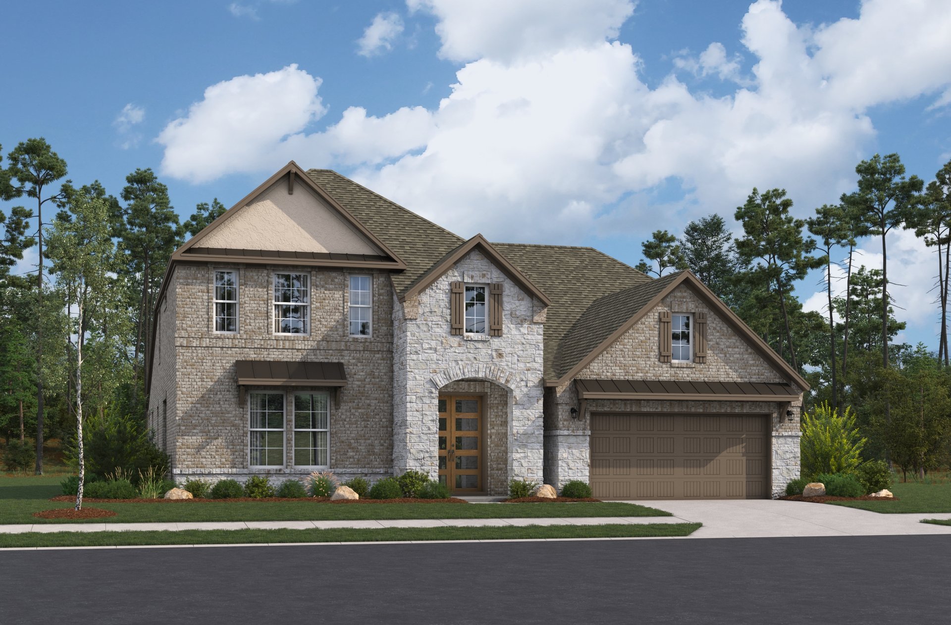 exterior with brick, stone & windows