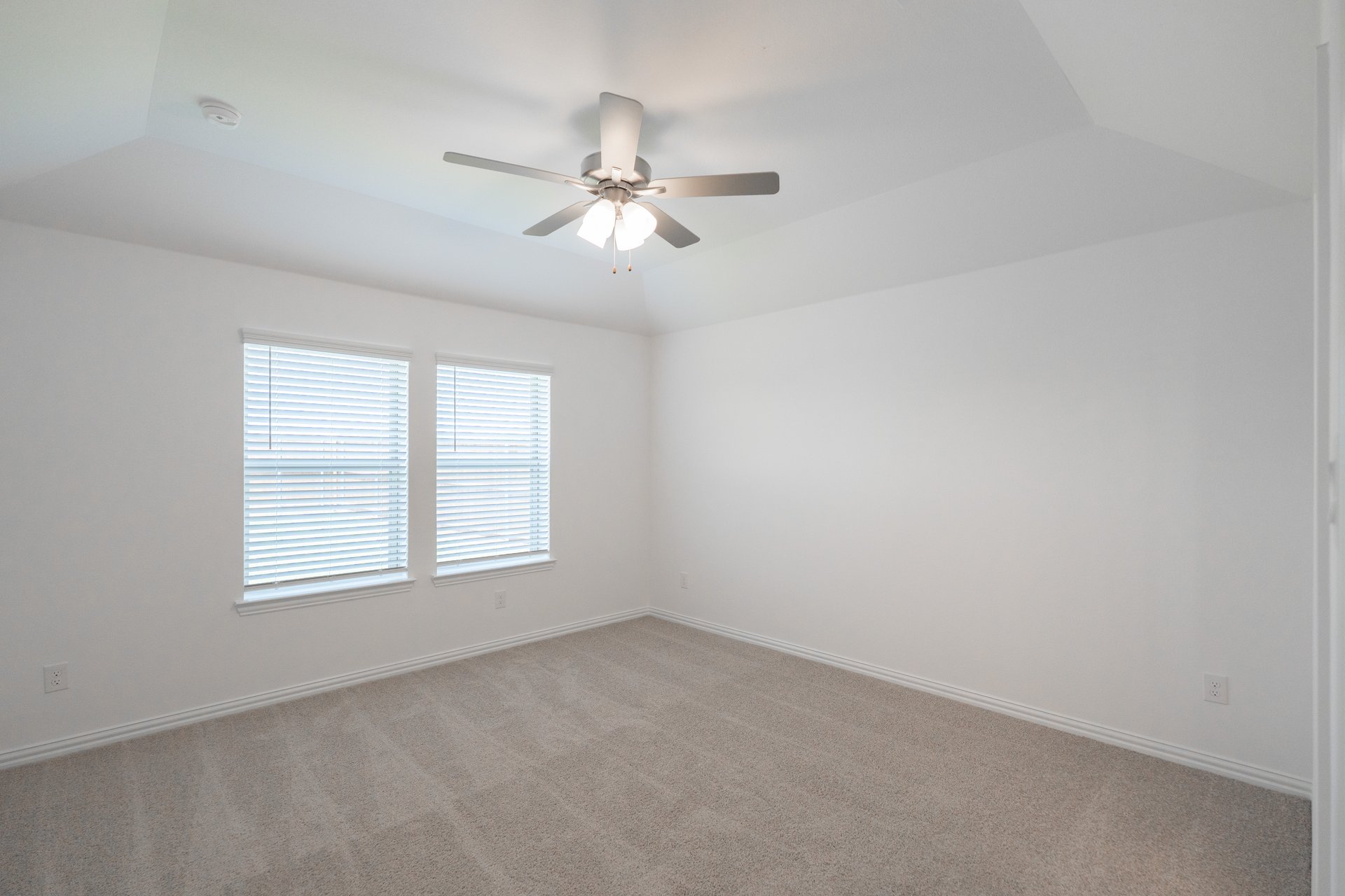 primary bedroom with carpet and windows