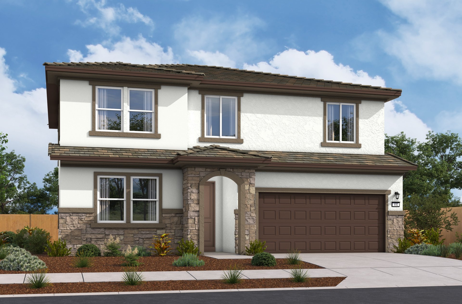 front exterior rendering of two-story white and brown home with stacked stone