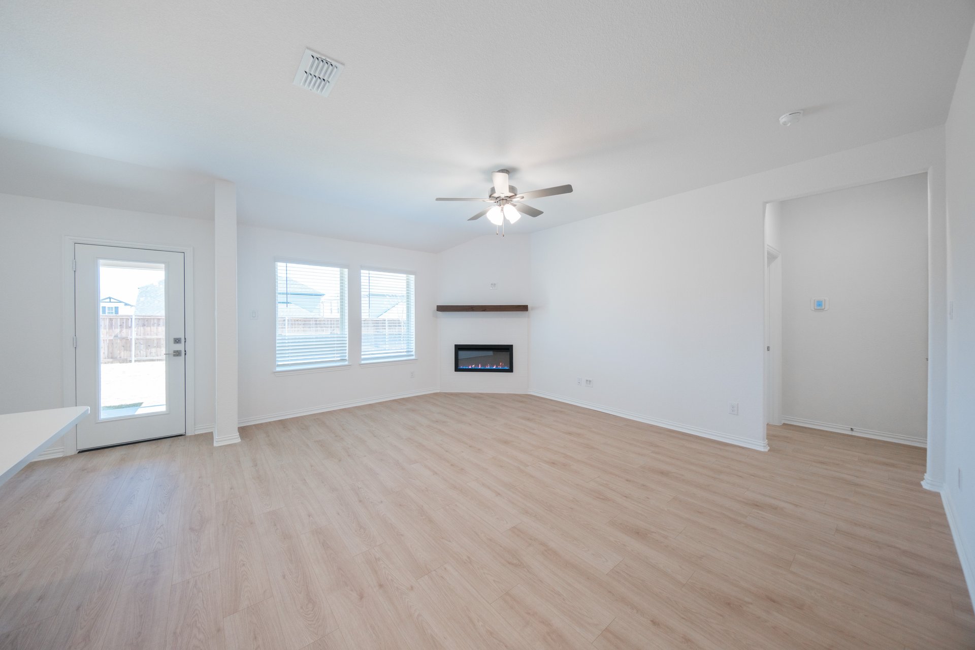open great room with electric fireplace
