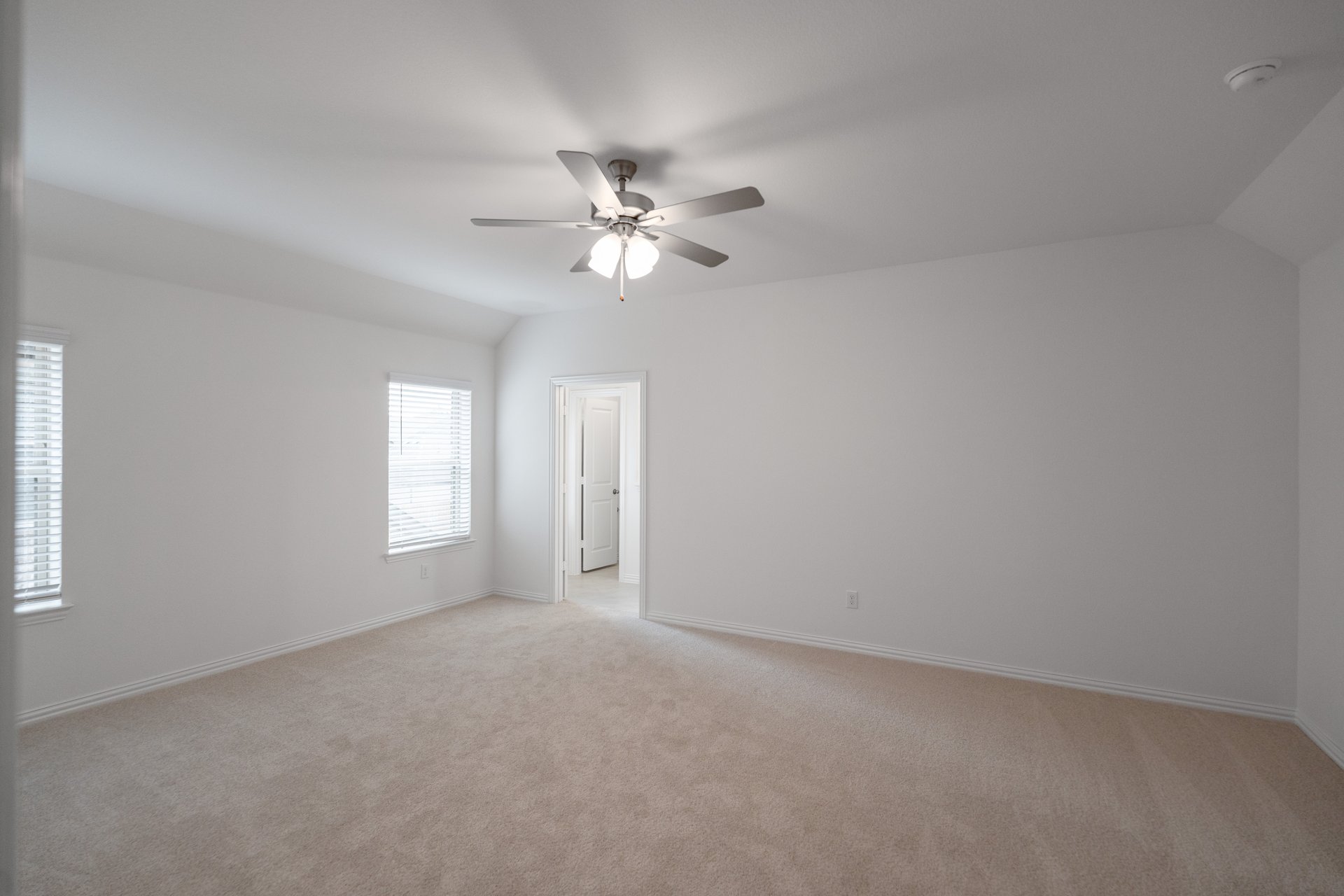primary bedroom with carpet and windows