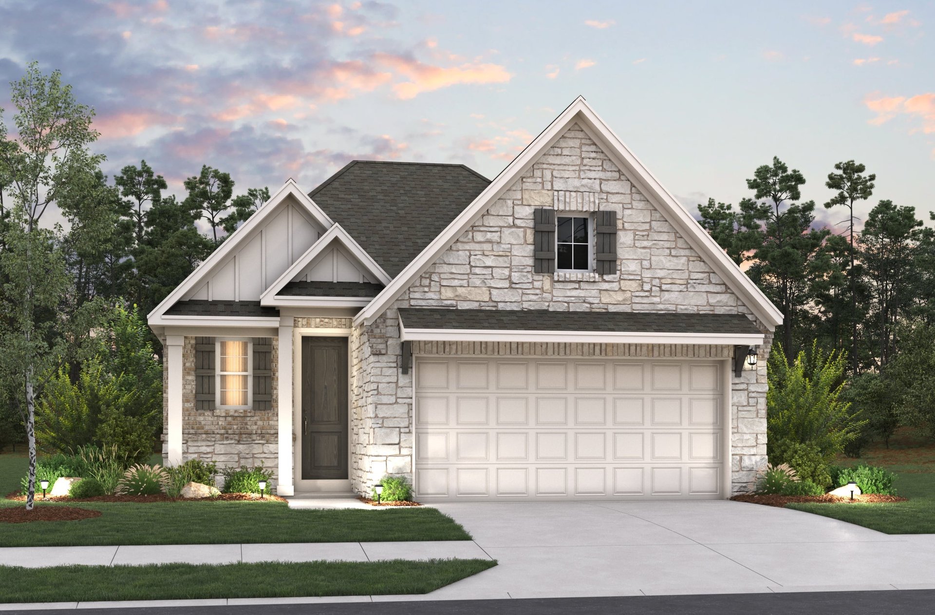 home with rock, window, garage and landscaping