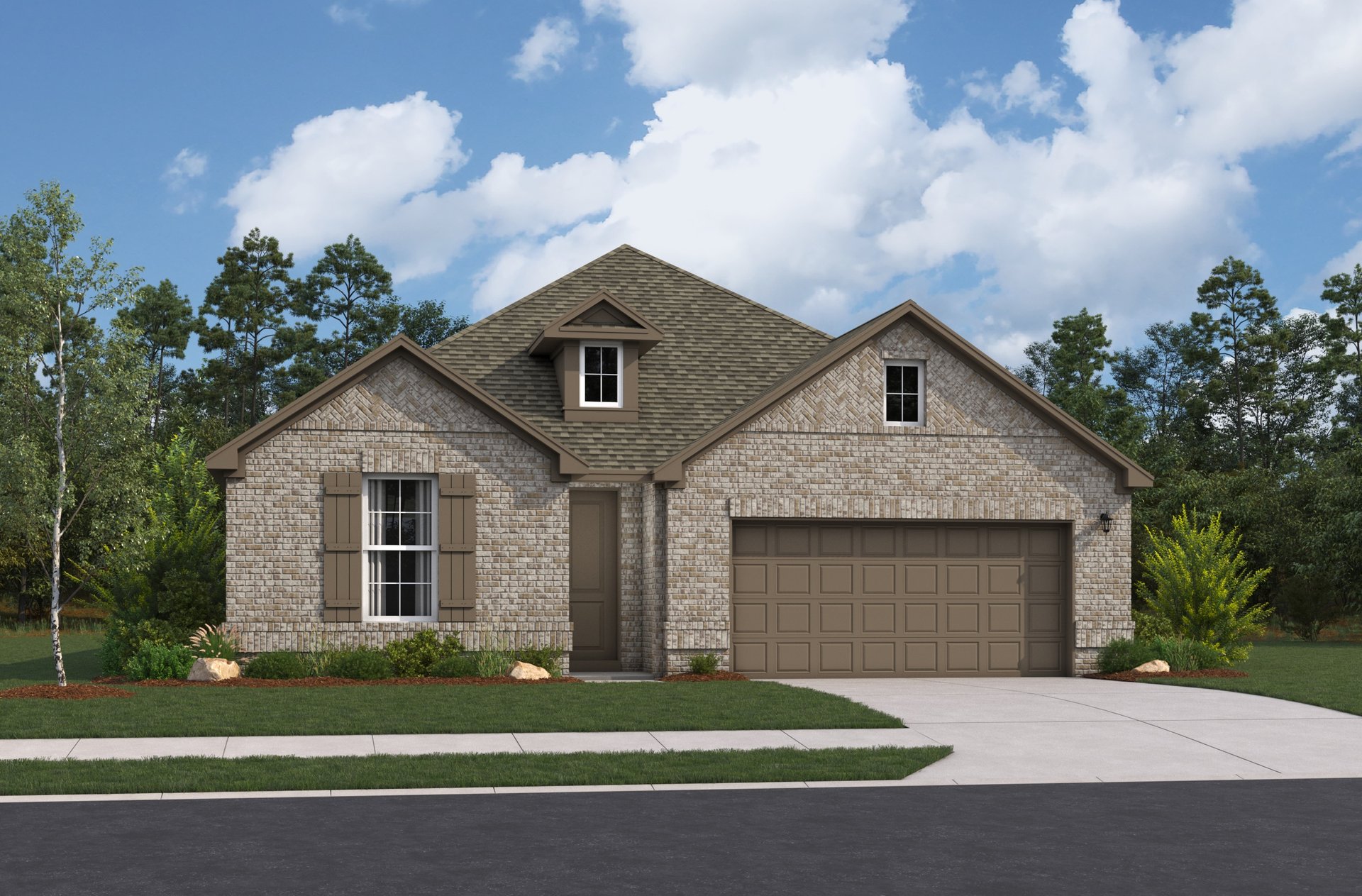 home with brick, windows, garage and landscaped grass 