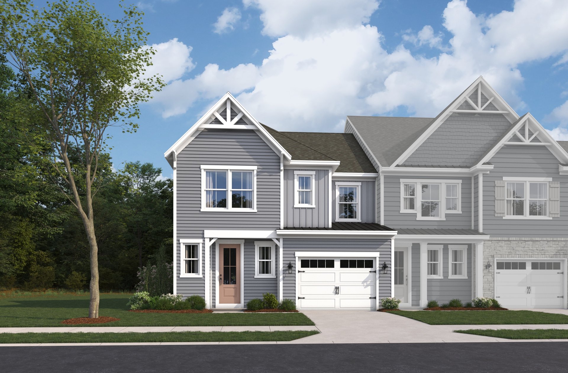 2-story villa with a 1-car garage exterior