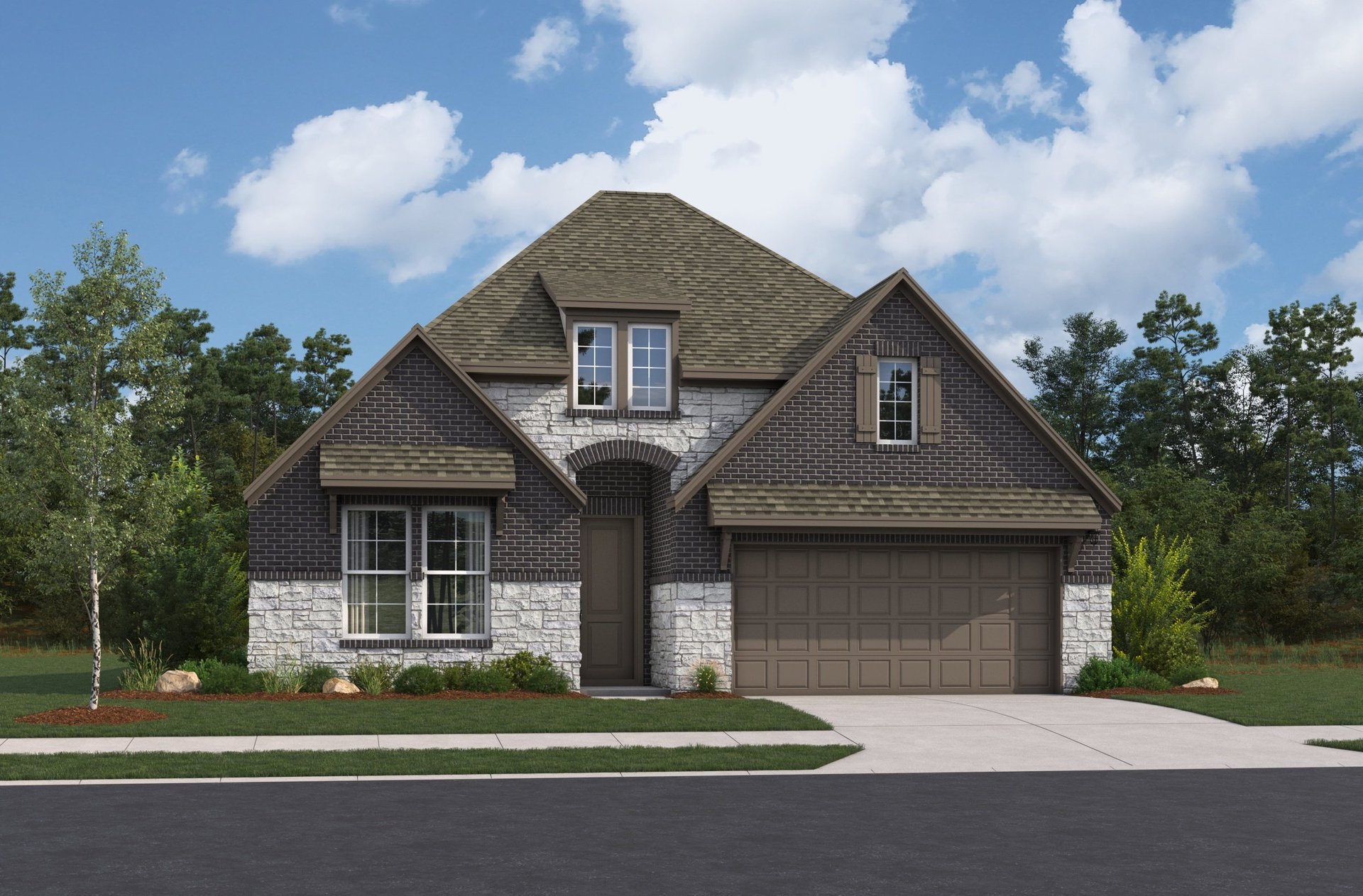 exterior with grass, trees & a 2-car garage