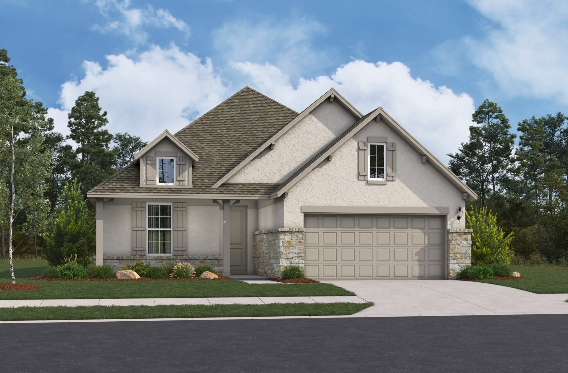 exterior with grass, trees & a 2-car garage