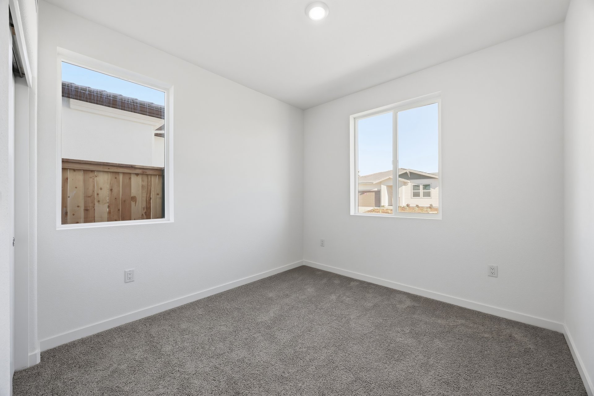 bedroom with gray carpet, white walls, and two windows