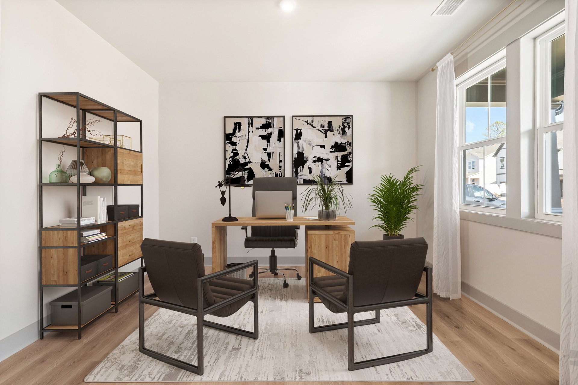 study with hard-surface flooring and wondows