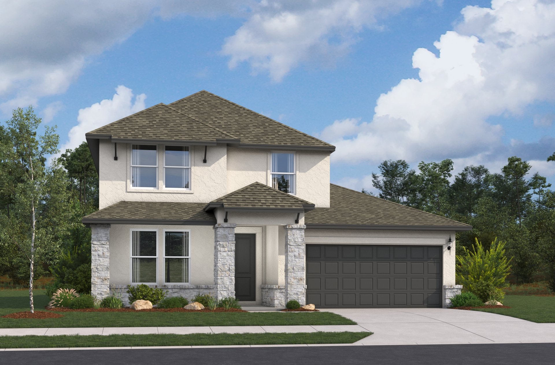 home with brick, windows, garage and landscaped grass