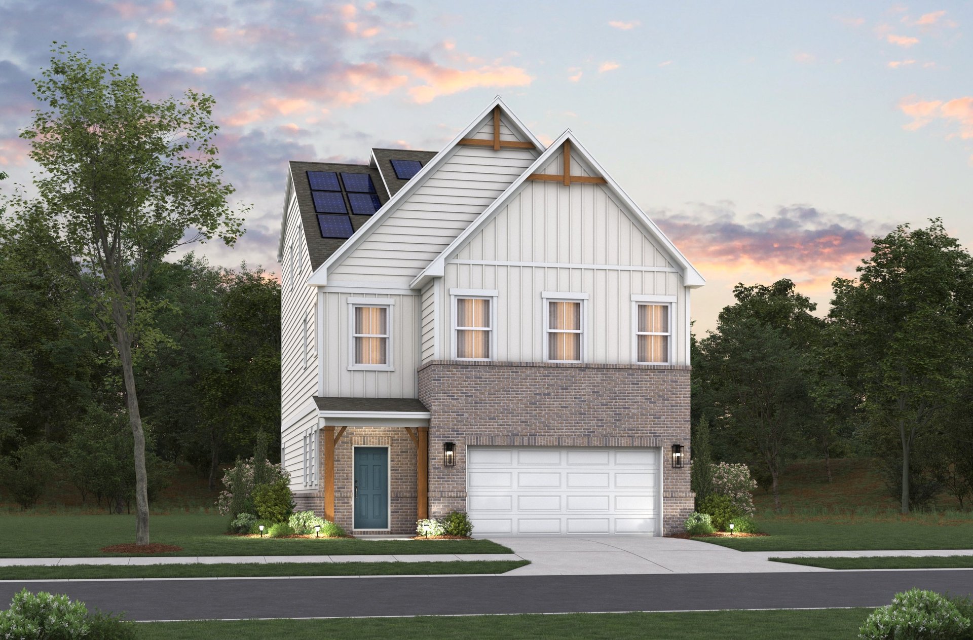 rendering of 2-story home with solar panels
