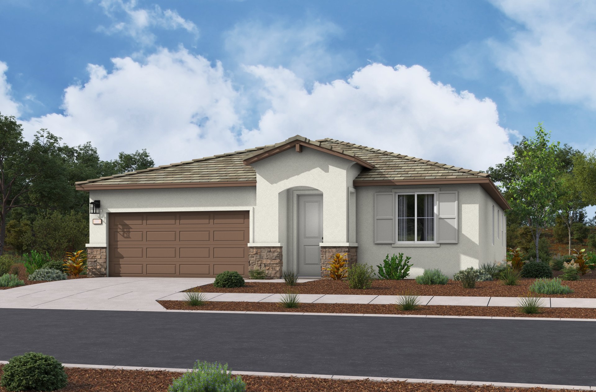 exterior of single-story home with brown garage and desert landscaping