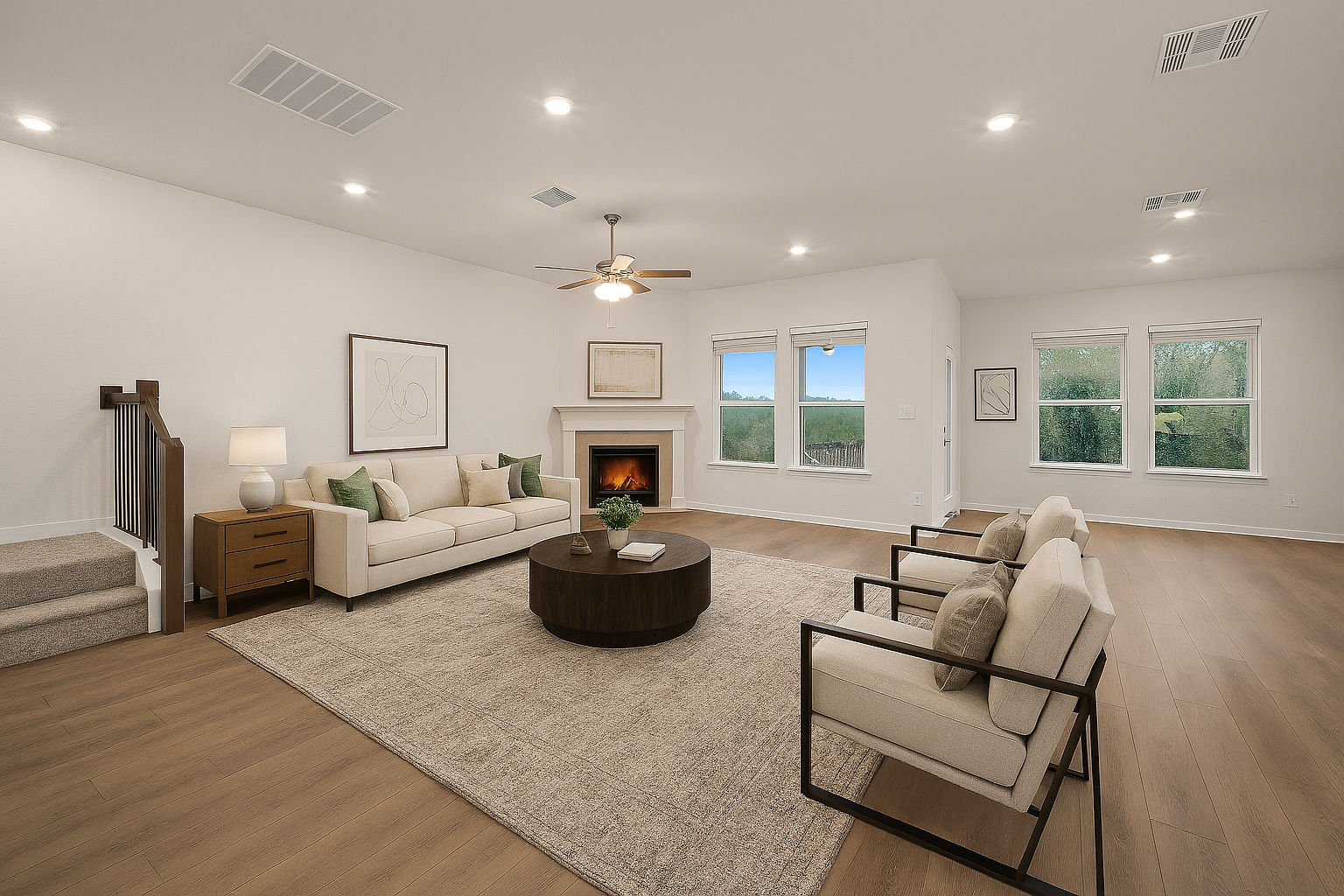 great room with brown flooring, fireplace & windows