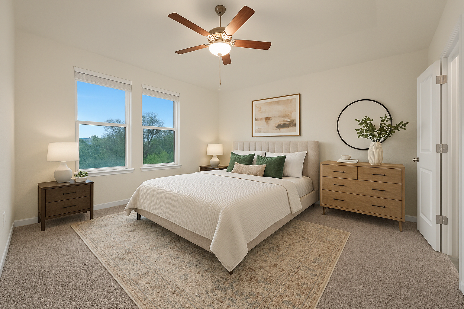 bedroom with carpet, windows & a ceiling fan