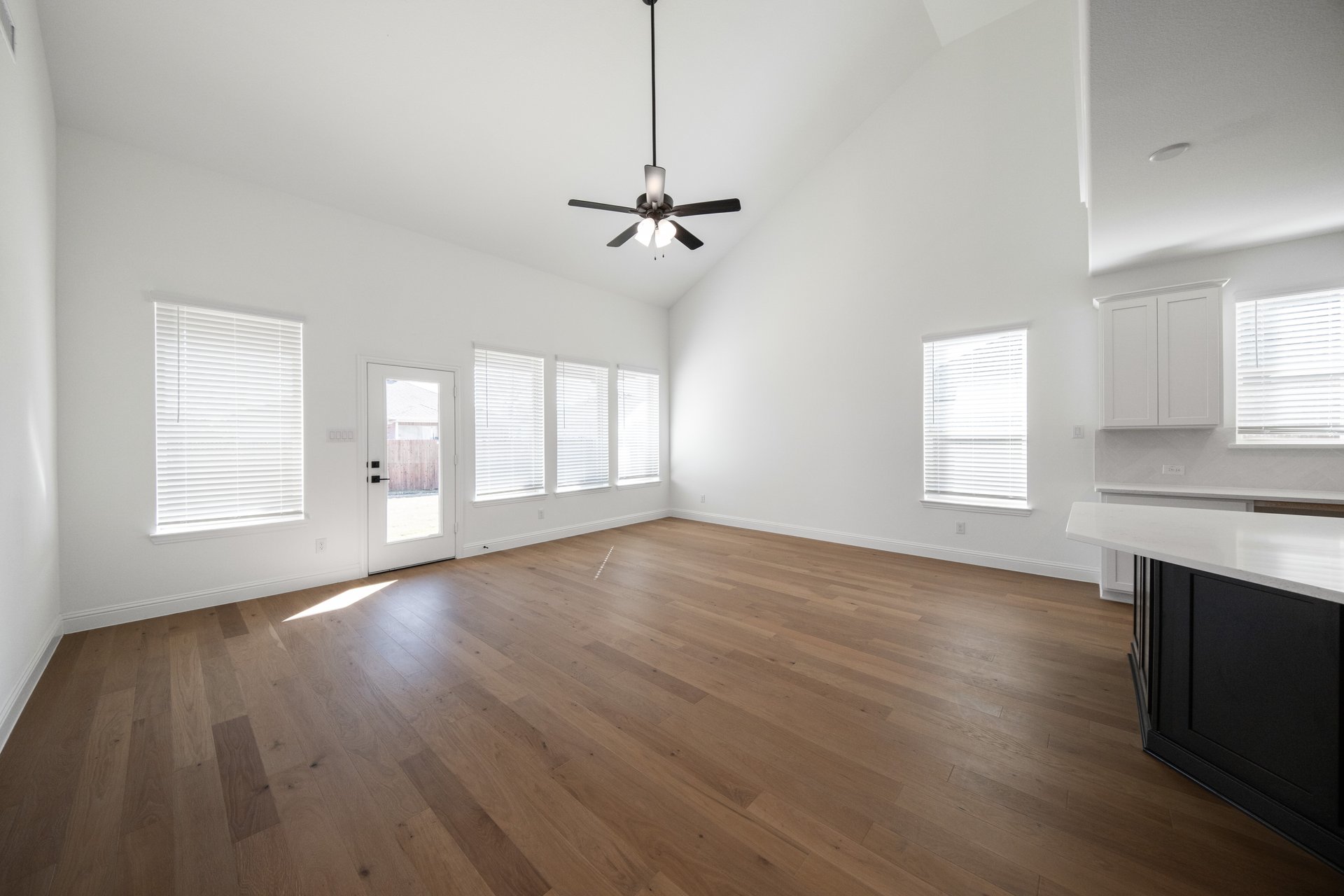 open great room with wood floors and tall ceilings