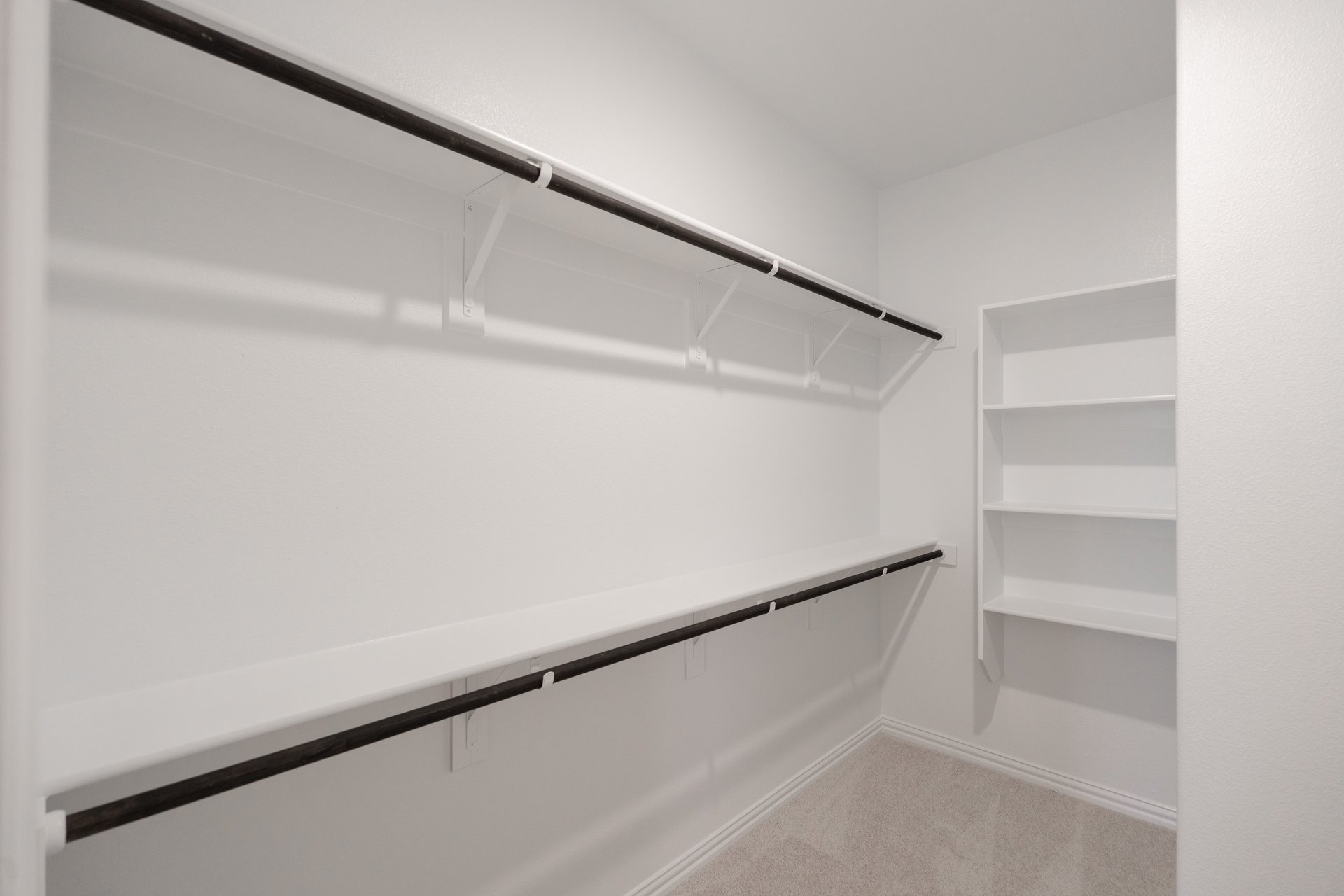 primary bedroom closet with carpet and white shelves