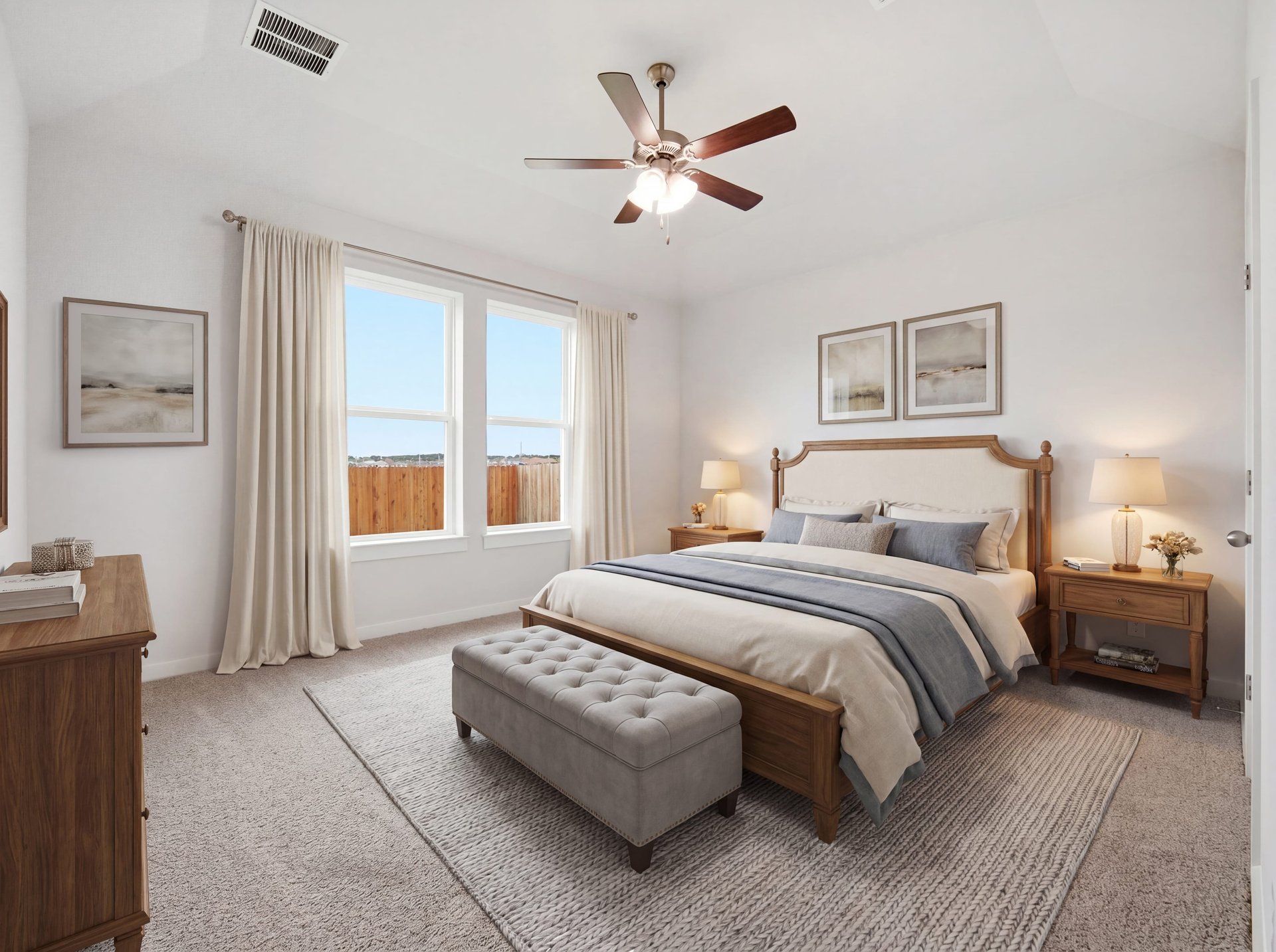 primary bedroom with carpet, dual windows and a ceiling fan