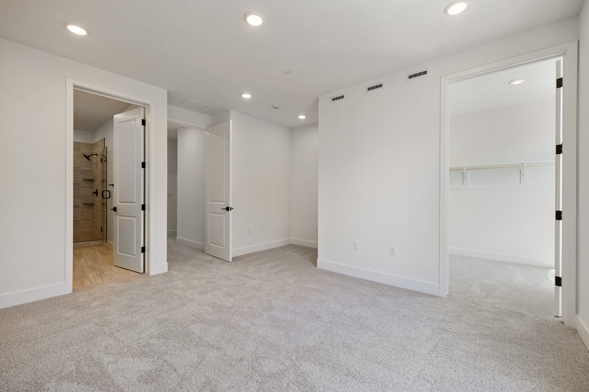 bedroom with gray carpet, white walls, walk-in closet, and view of attached bathroom