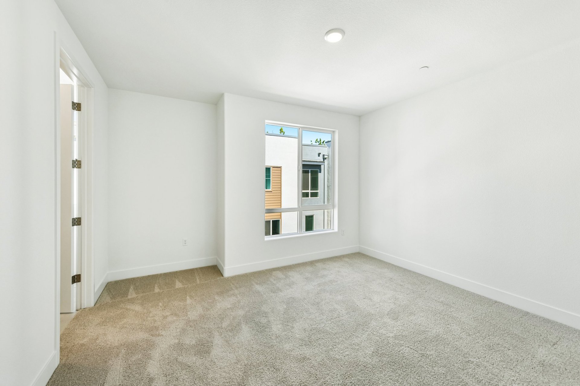 bedroom with tan carpet, white walls, and window