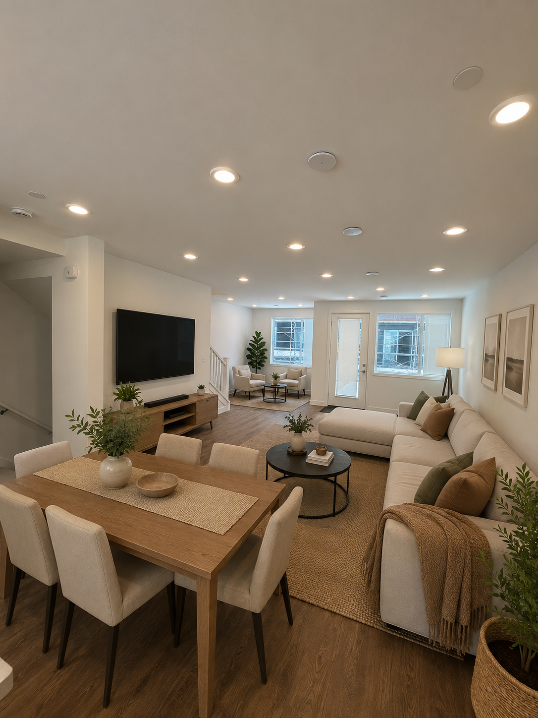 great room with wood floors, white sectional sofa, wood dining table with six white chairs, and multiple windows