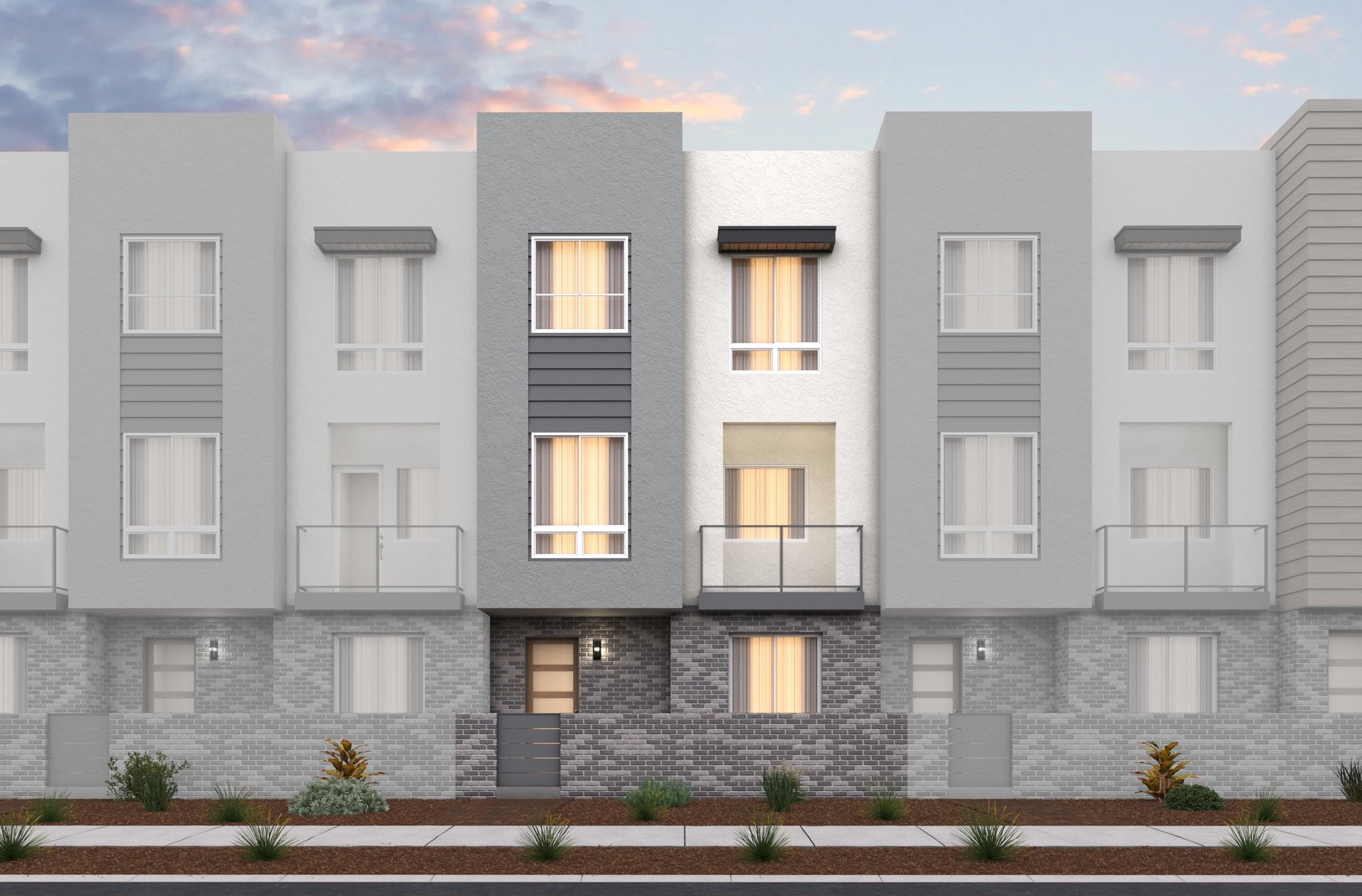 front exterior rendering of three-story gray condo building with balcony