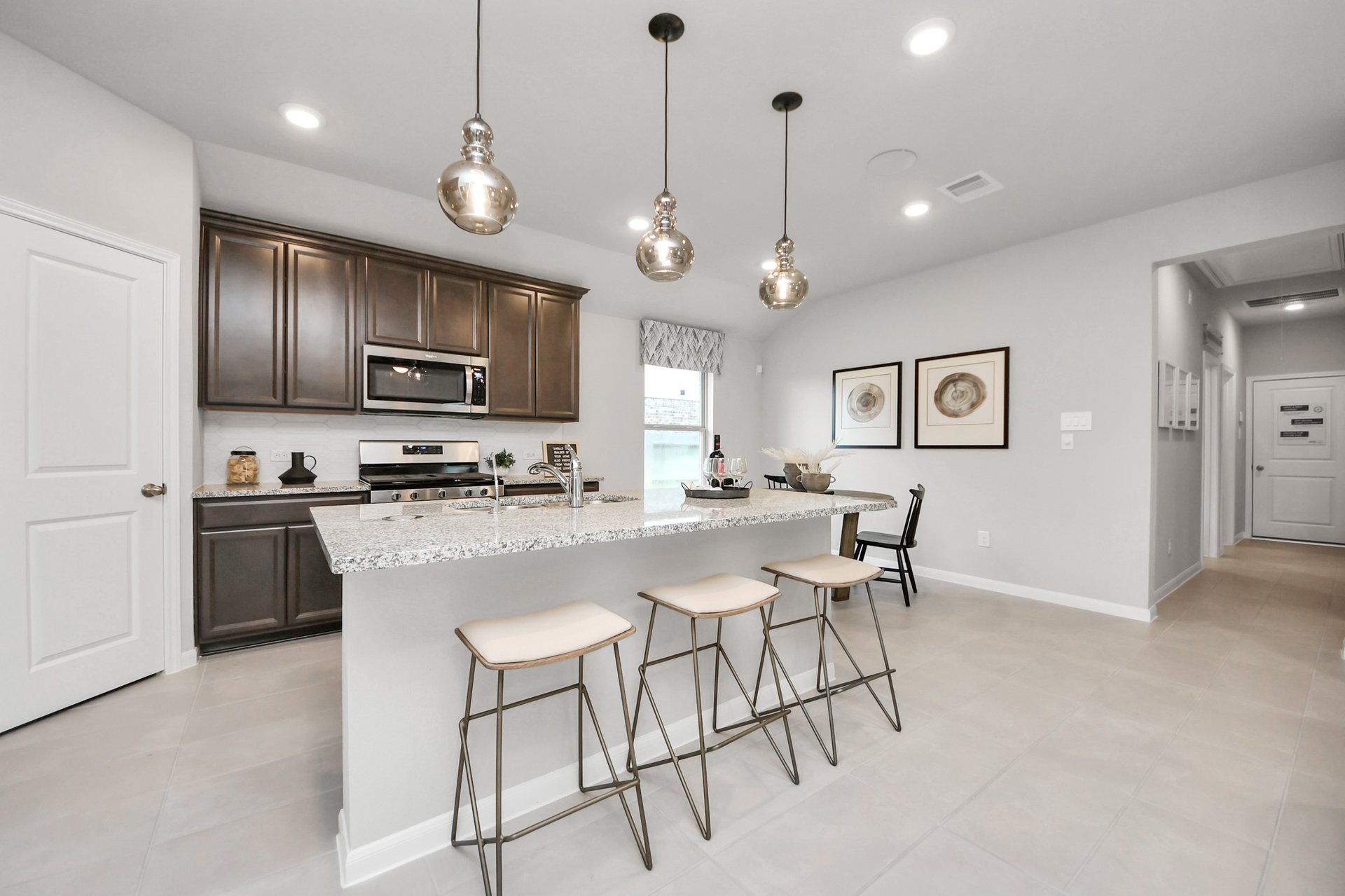 open kitchen with granite countertops