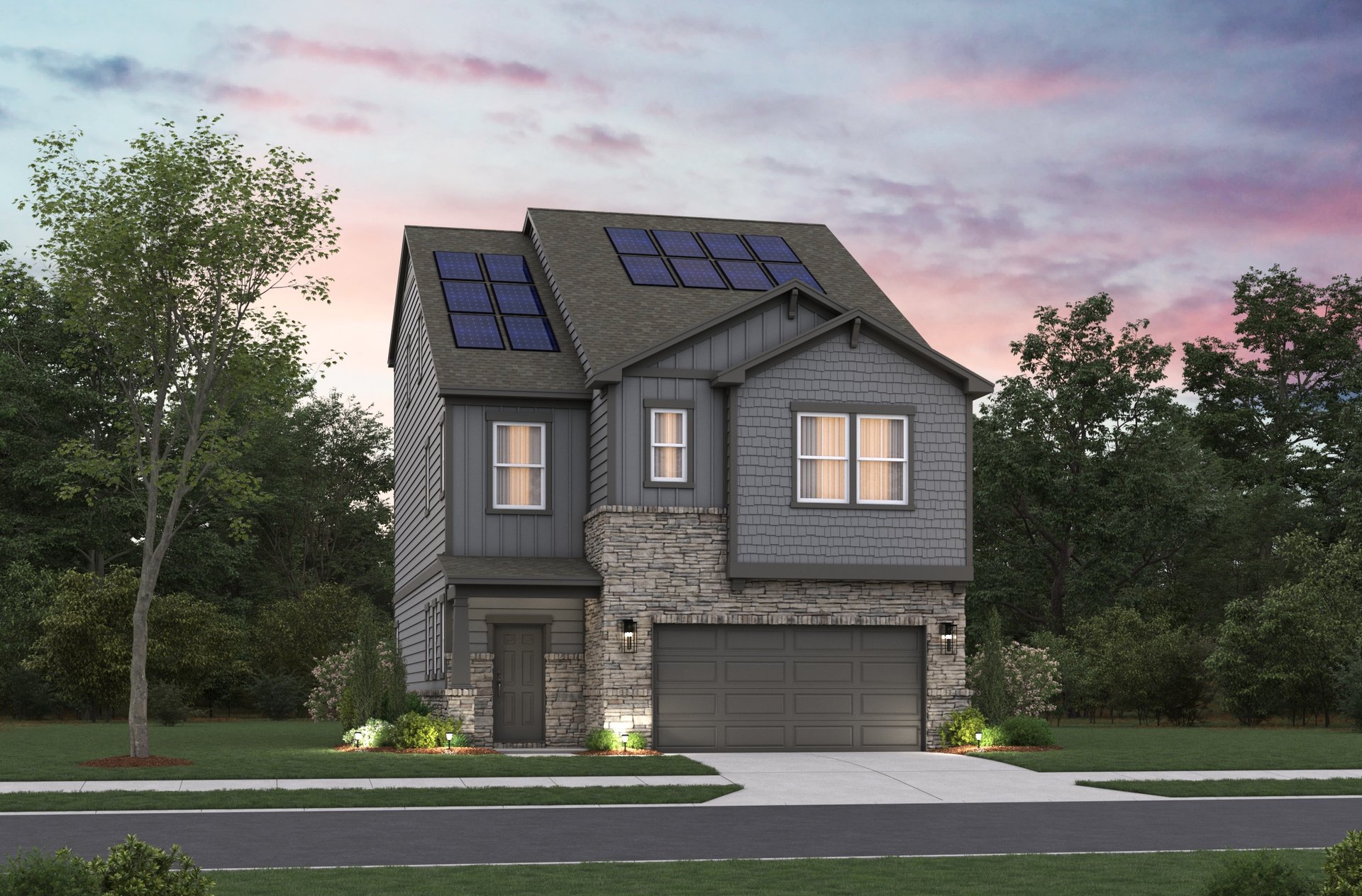 rendering of 2-story home with solar panels