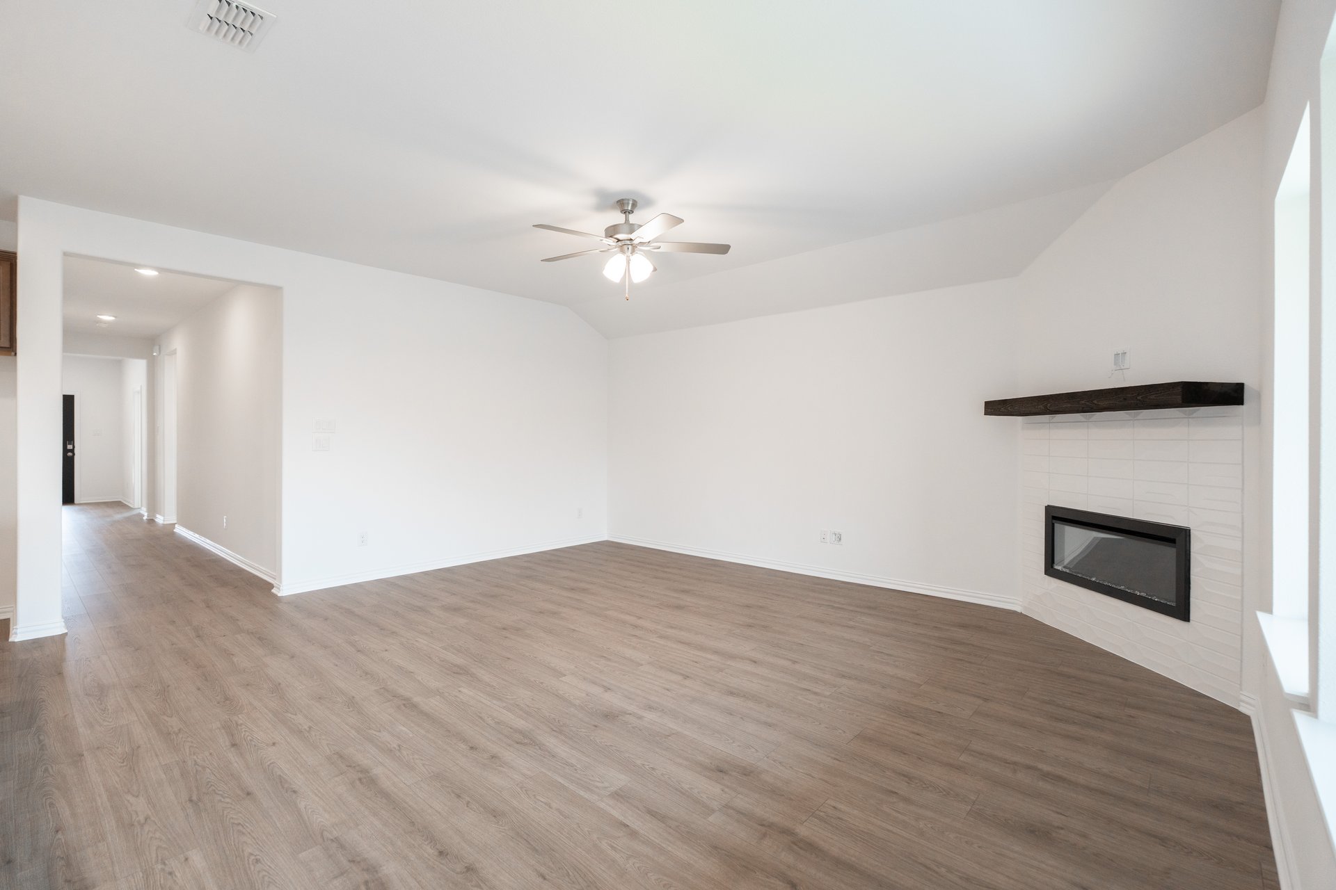 open great room with electric fireplace