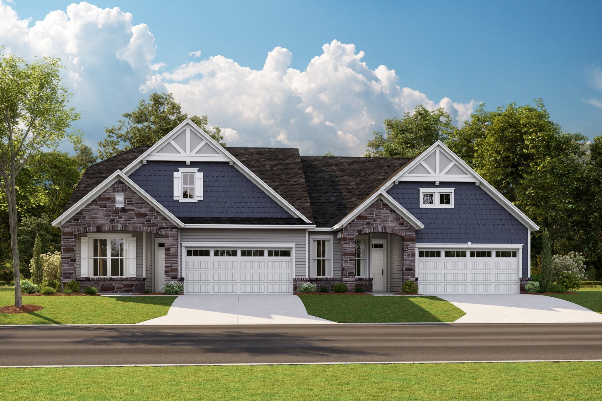front exterior of home with stone detail and blue siding