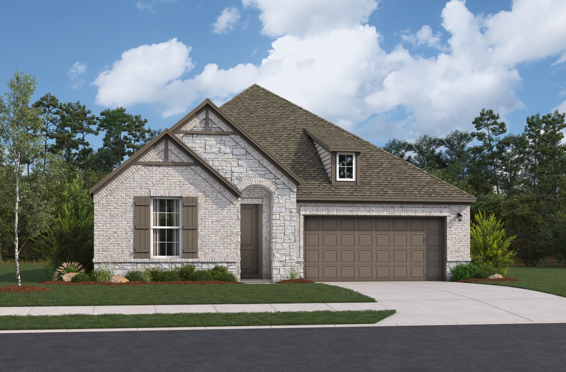 home with brick, windows, garage and landscaped grass 