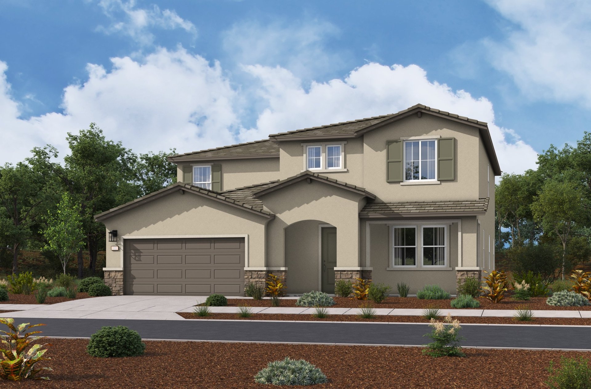 exterior of two-story home with neutral paint and desert exterior