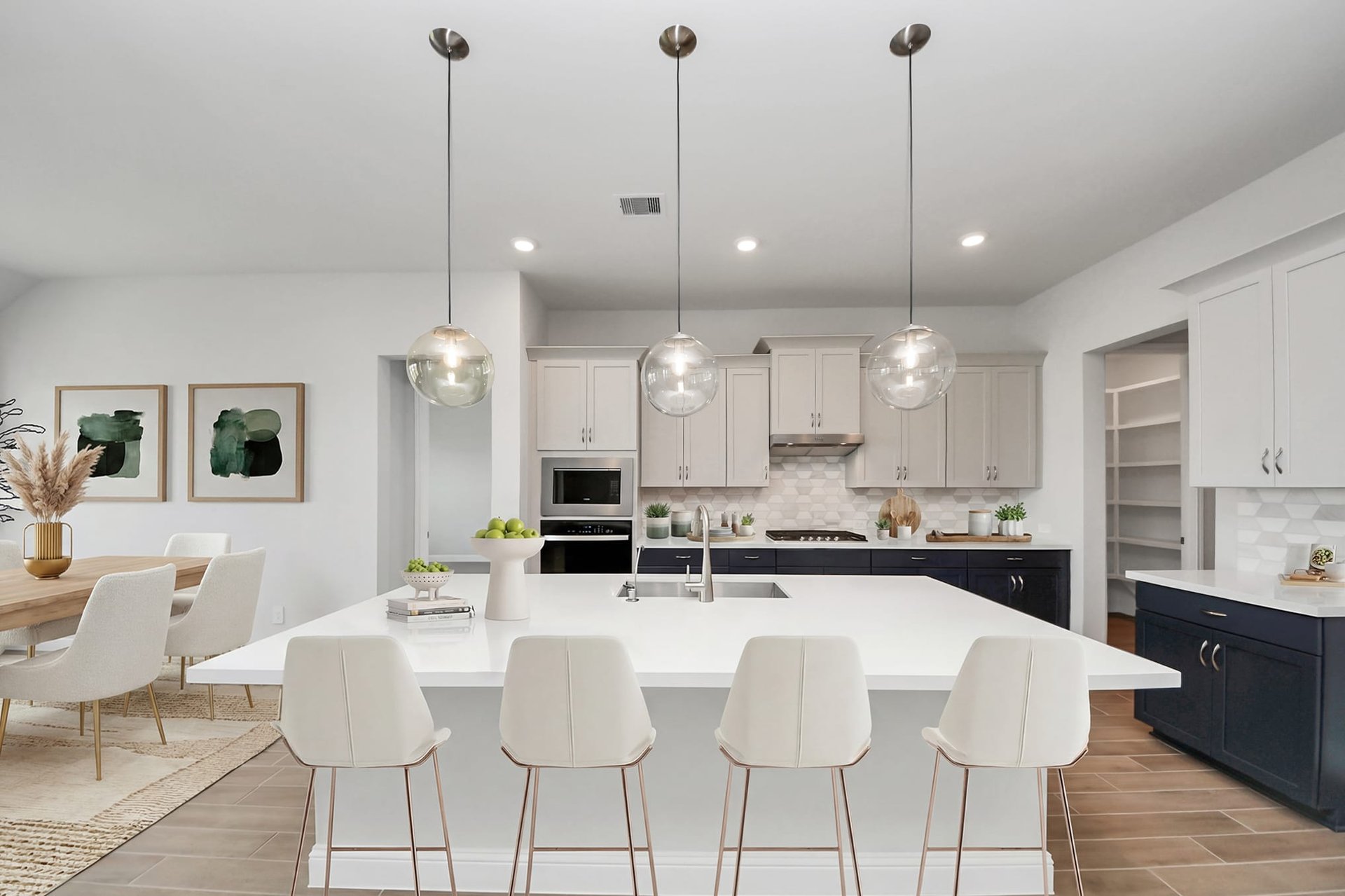 rendered photo of kitchen with bar stools and hardwood flooring