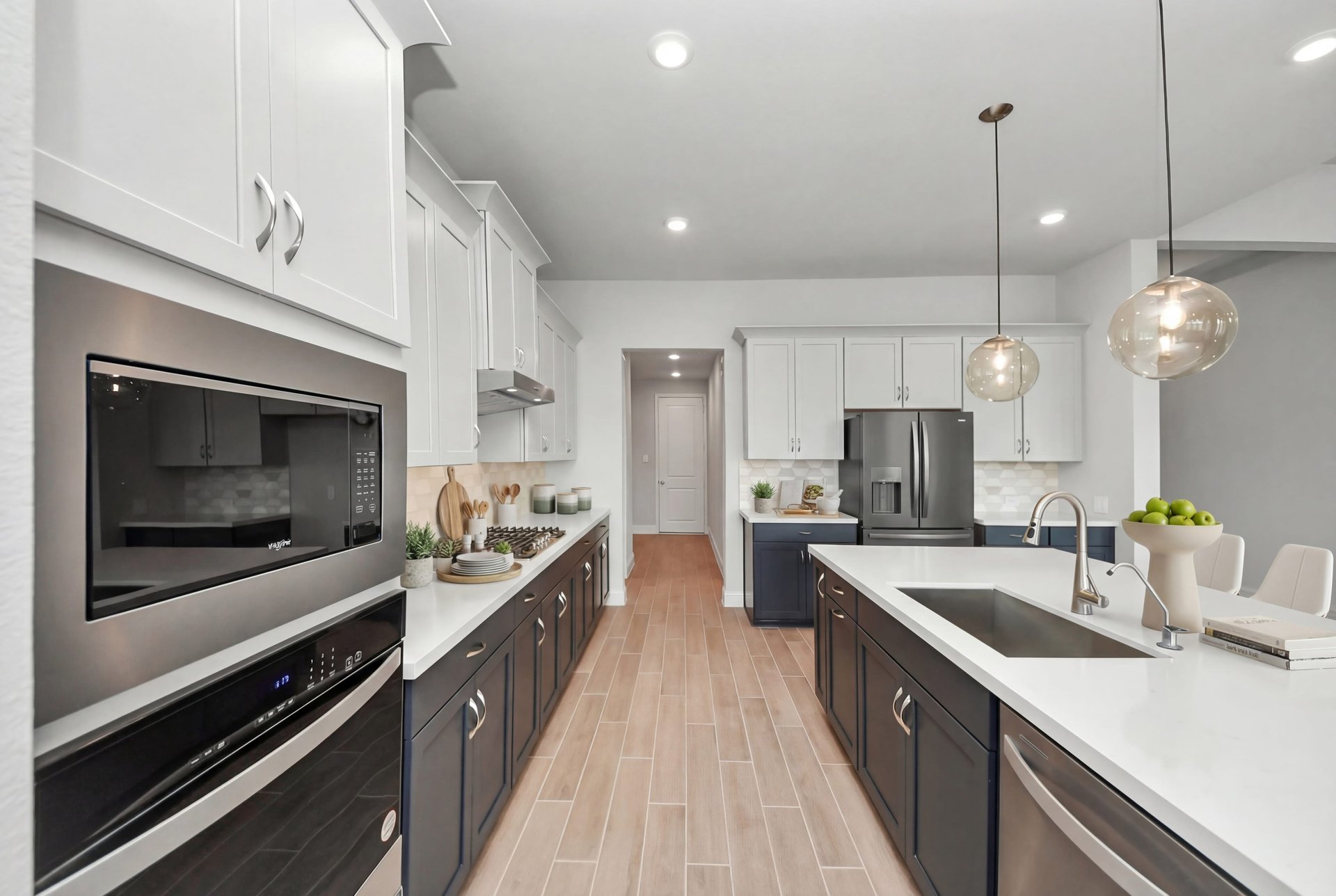 rendered kitchen photo with wood-look tile flooring