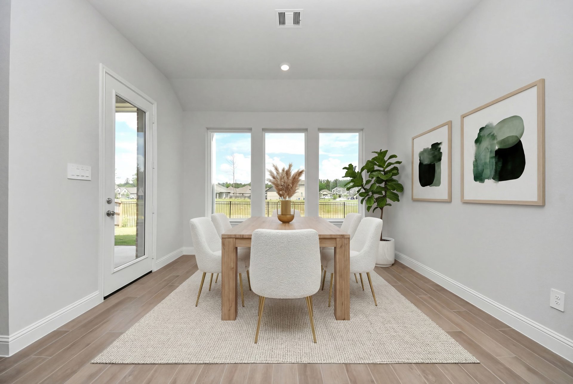 rendered photo of dining area with windows and access to backyard