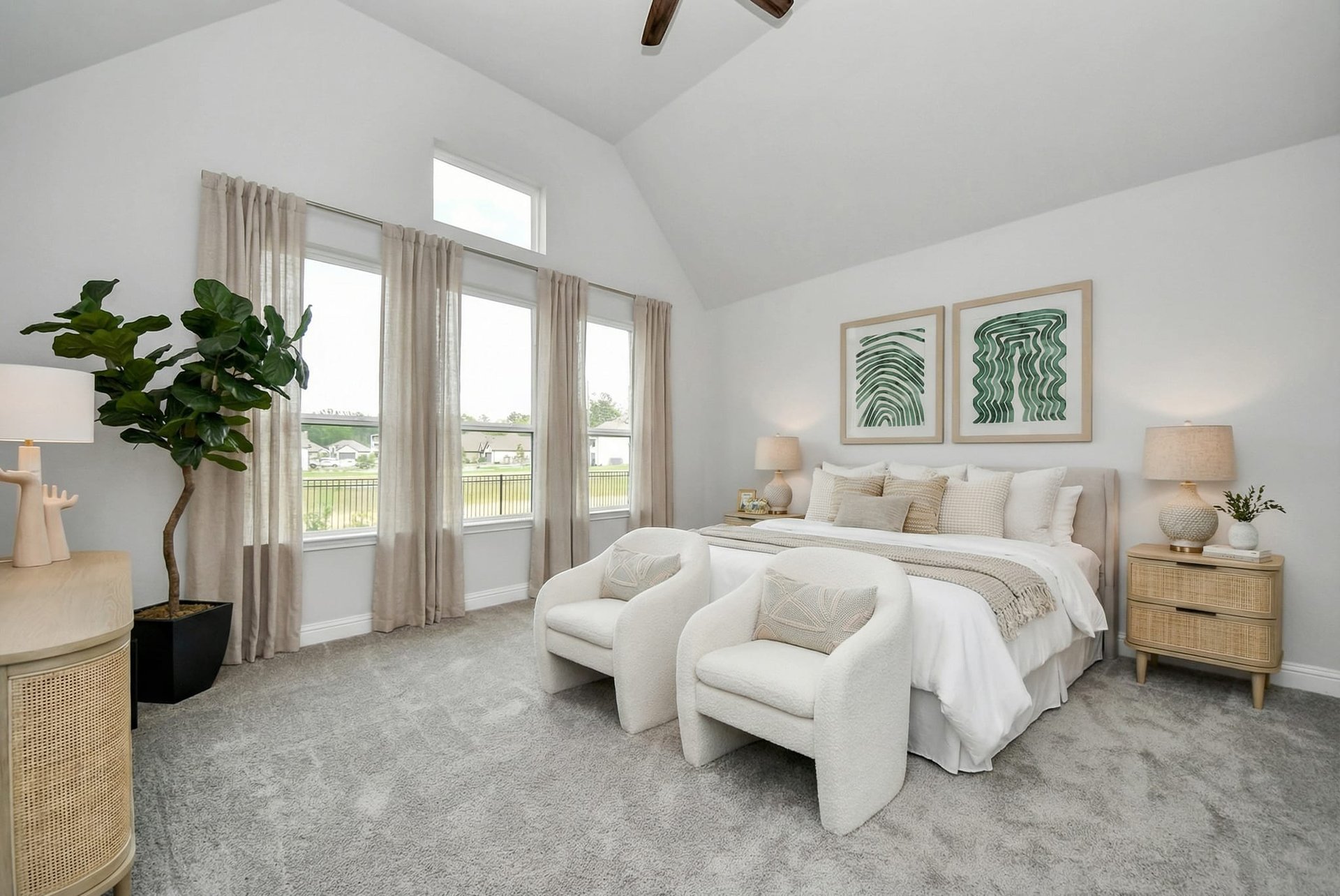 rendered photo of primary bedroom with tall ceilings and carpet