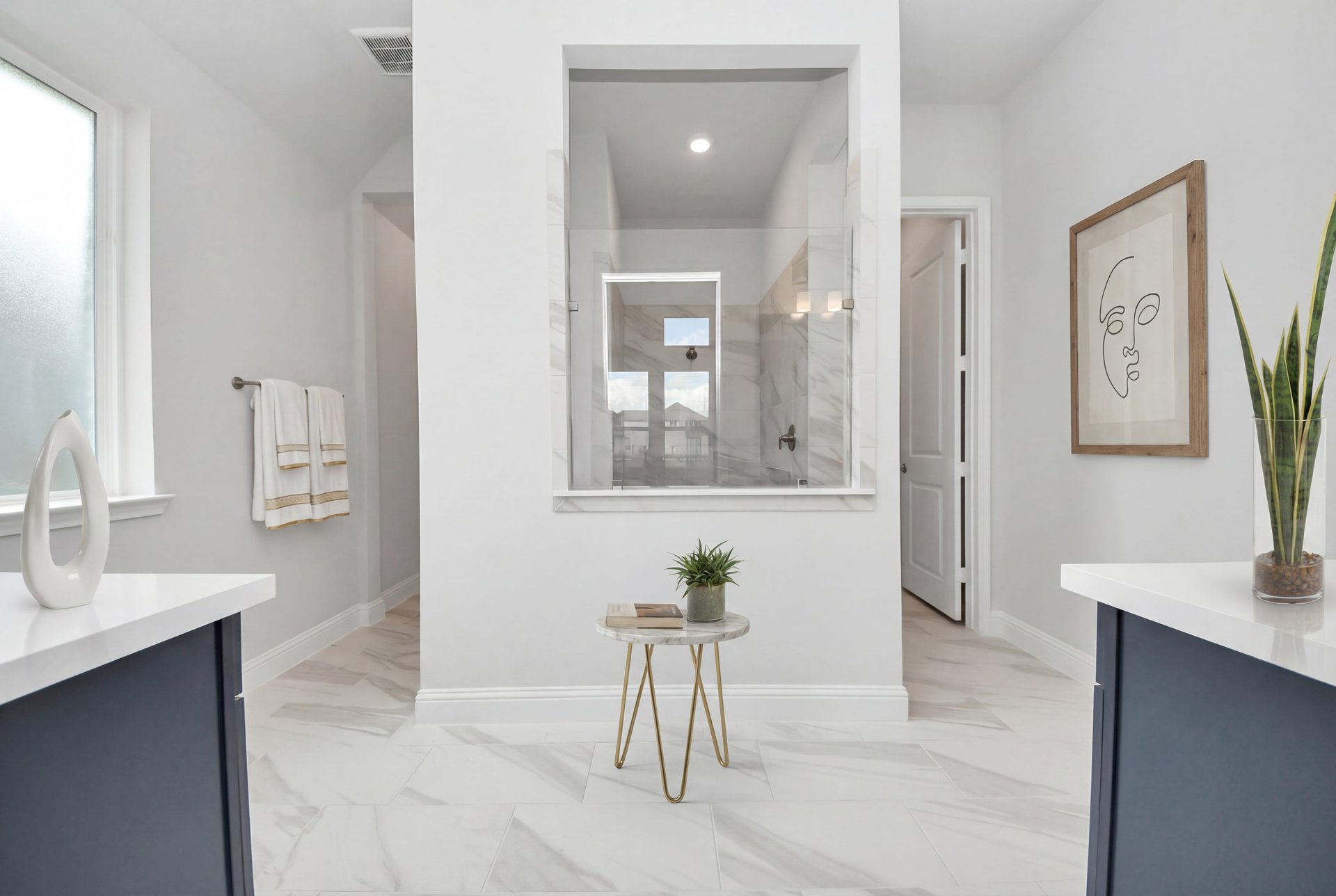 rendered photo of primary bathroom with large shower and tile flooring