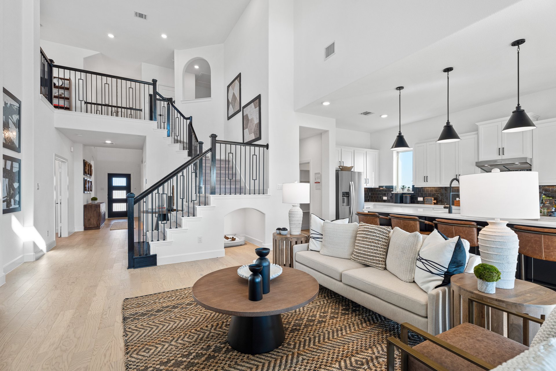open great room with two-story ceilings