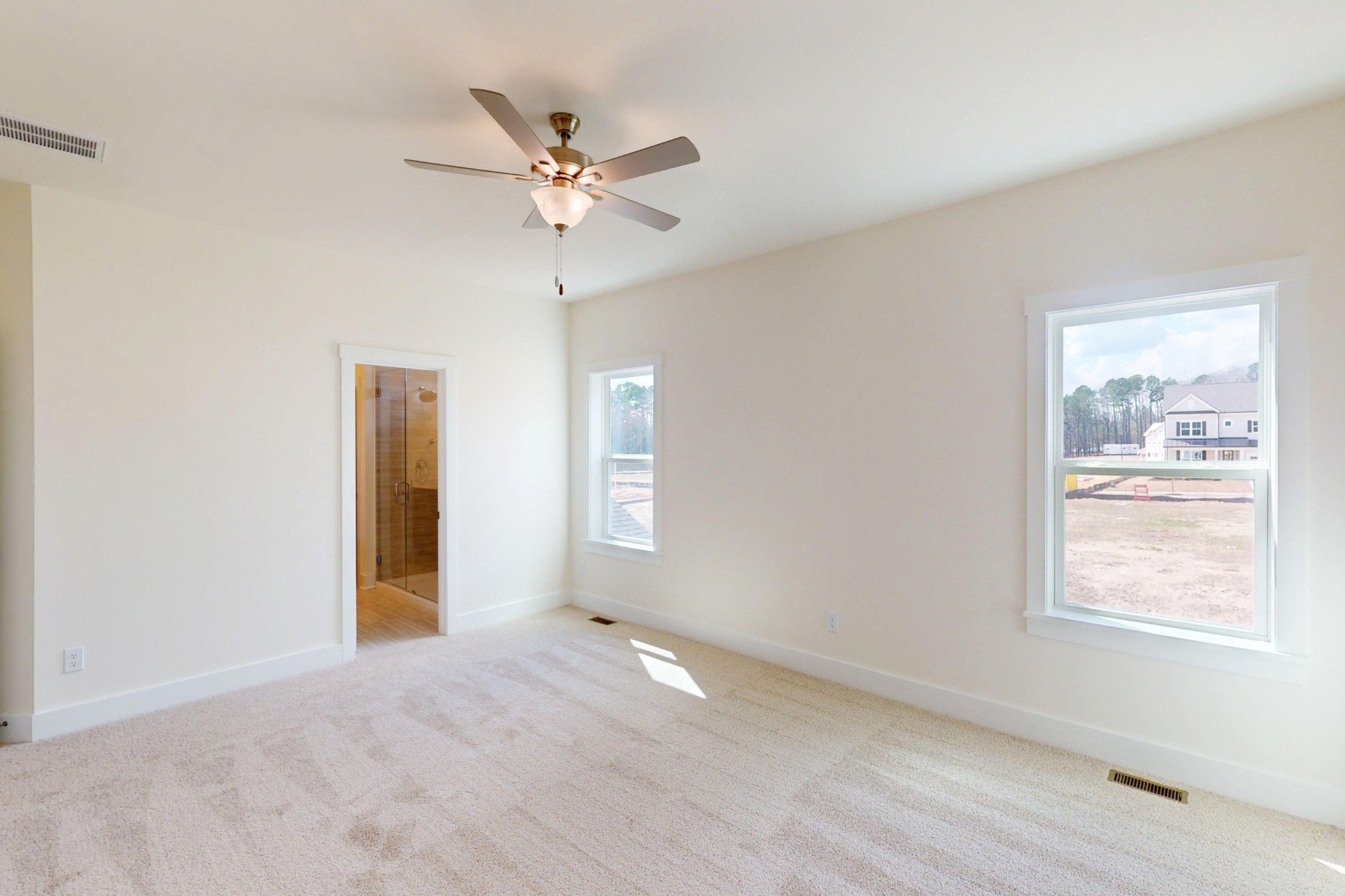 primary bedroom with carpet and two windows