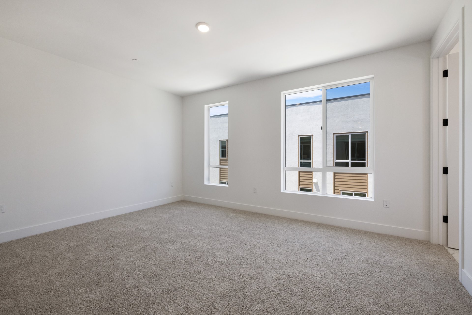 bedroom with tan carpet, two windows, and white walls