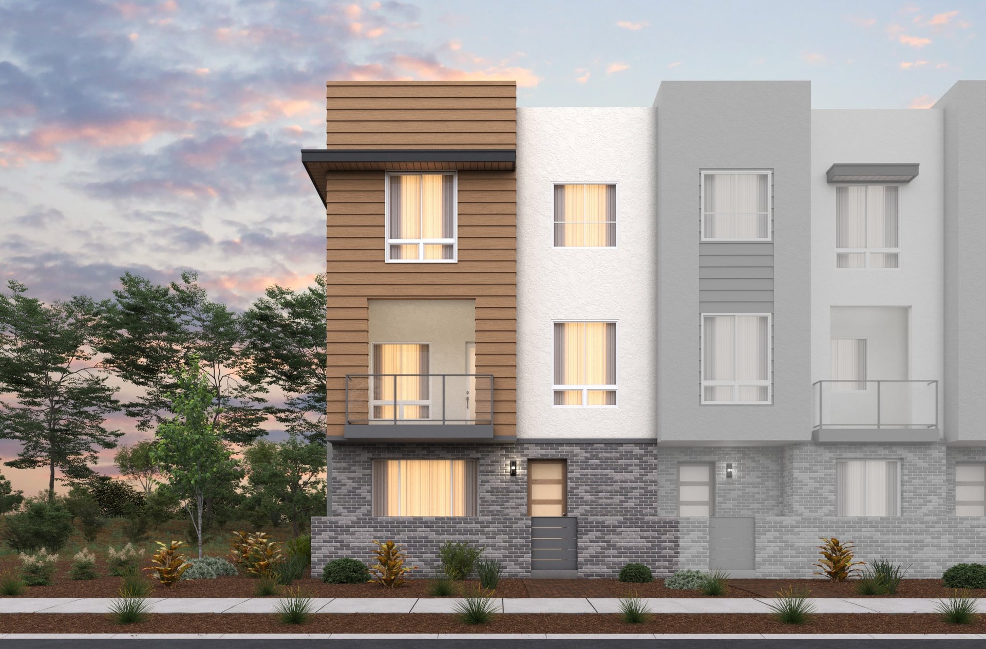 front exterior rendering of three-story brown and gray condo building with balcony